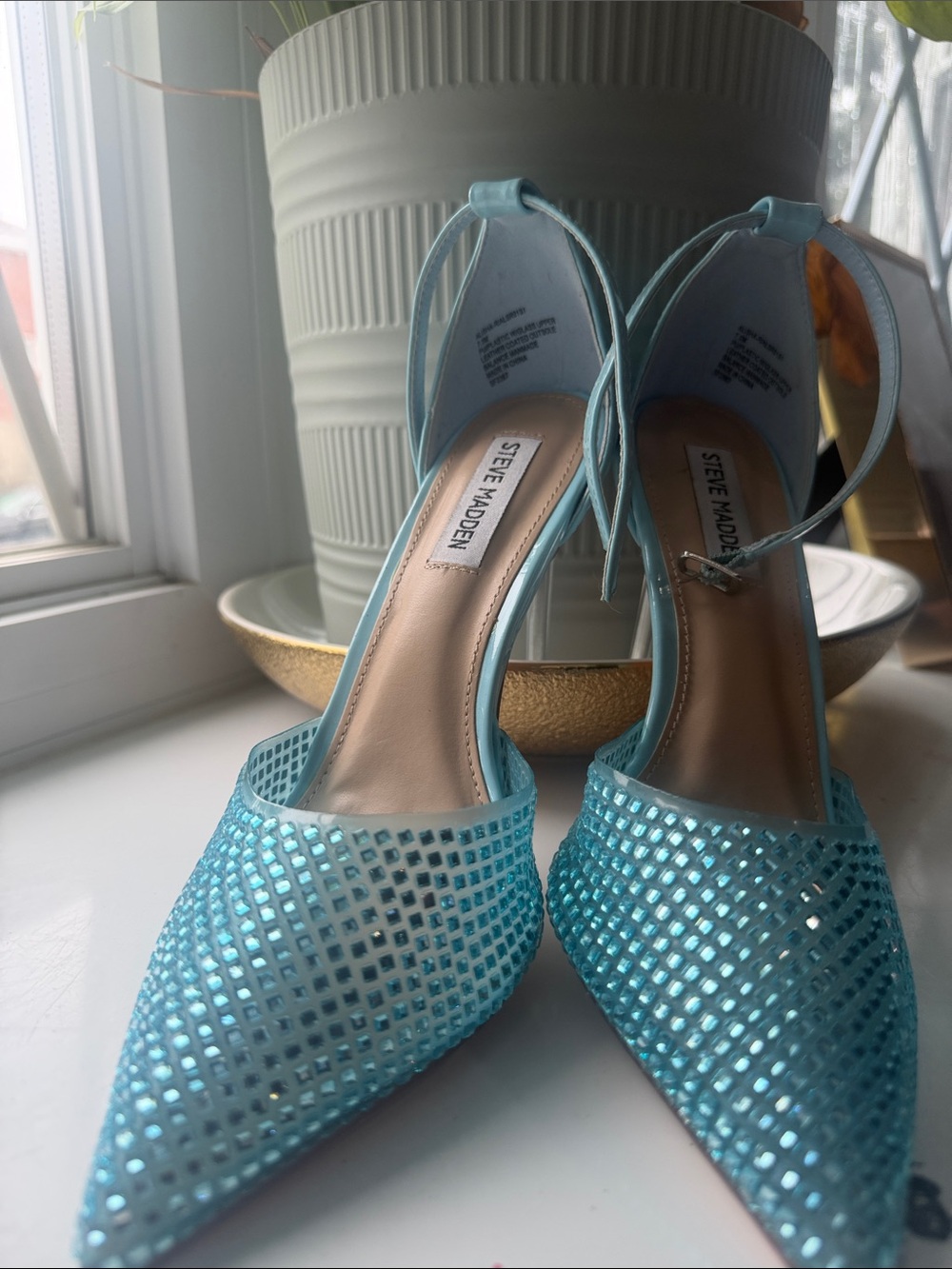 Steve Madden Light Teal Crystal Mesh Pointed-Toe Heels